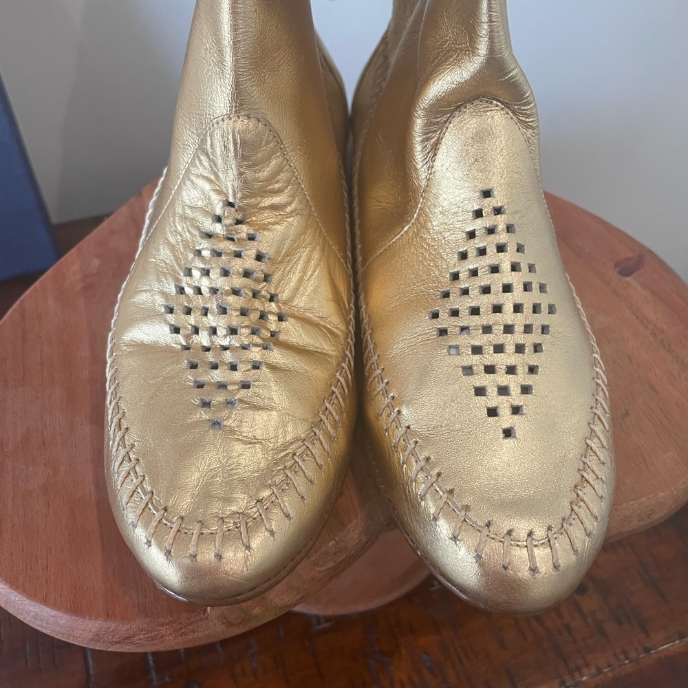 Vintage 80s Compulsion Leather Dress Gold Fringe Moccasins size 7.5M Brazil - Picture 3 of 14